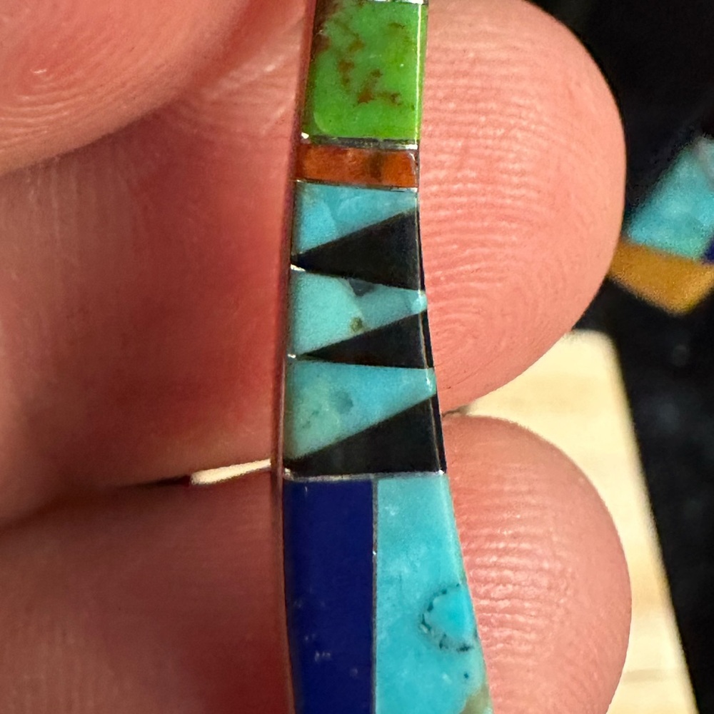 Native American Turquoise Inlay 💯 Silver Drop Earrings - Picture 4 of 5